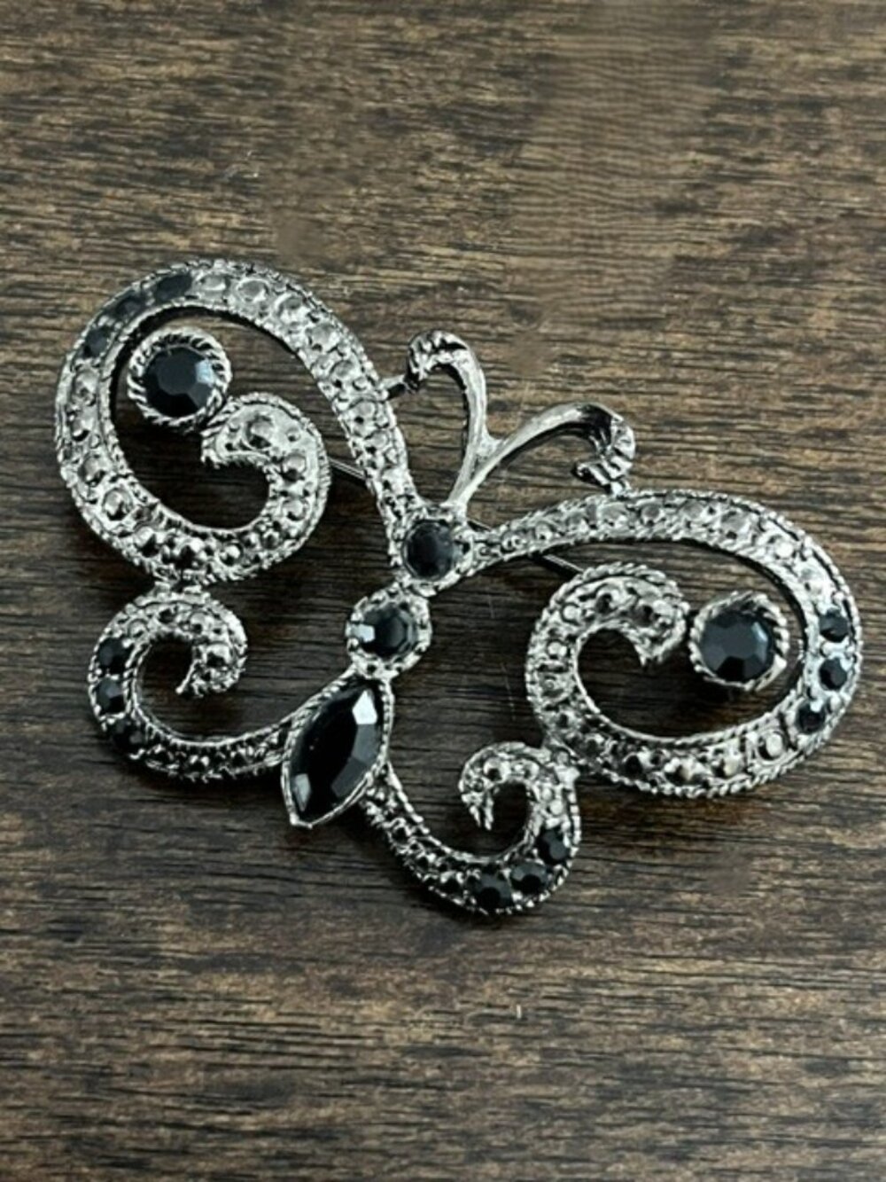 Butterfly Brooch Black Faceted Stones Silver Tone Setting